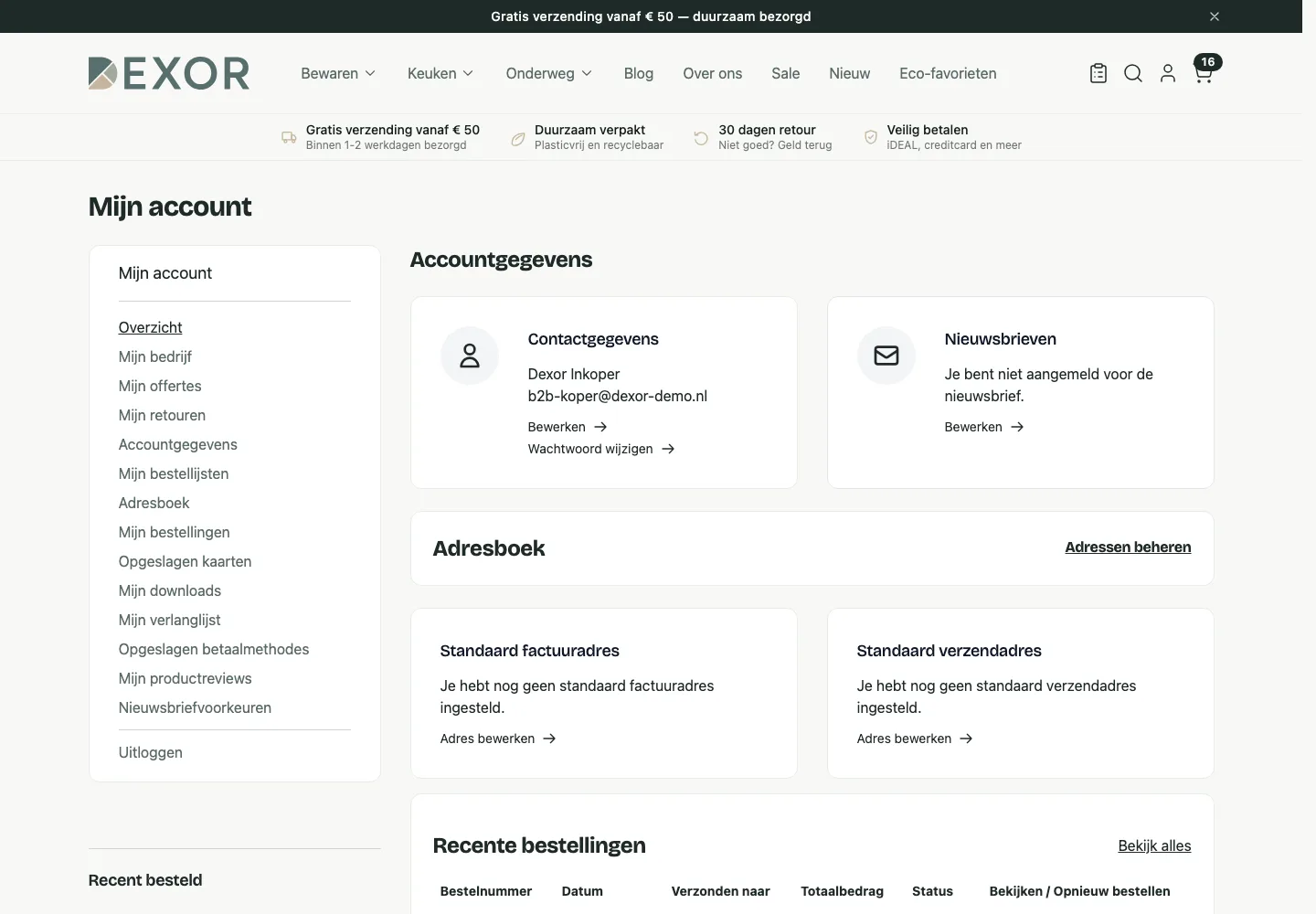 Het klantaccount van de demowinkel met in de navigatie Mijn bedrijf, Mijn offertes en Mijn bestellijsten