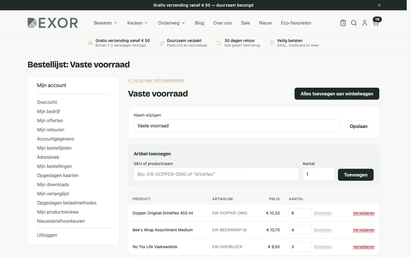 Scherm uit de demowinkel: Bestellijsten om terugkerende orders te herhalen