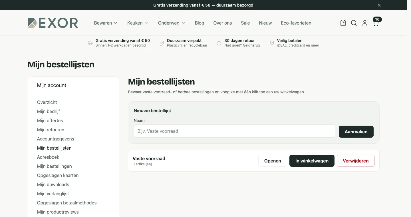 De pagina Mijn bestellijsten in het klantaccount met een formulier voor een nieuwe lijst en de bestaande lijst Vaste voorraad met drie artikelen