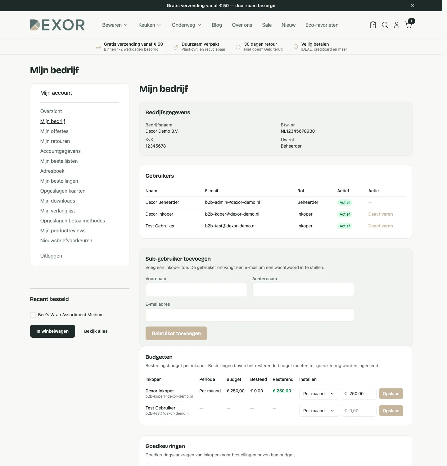 Scherm uit de demowinkel: Bedrijfsaccounts met sub-accounts en rollen