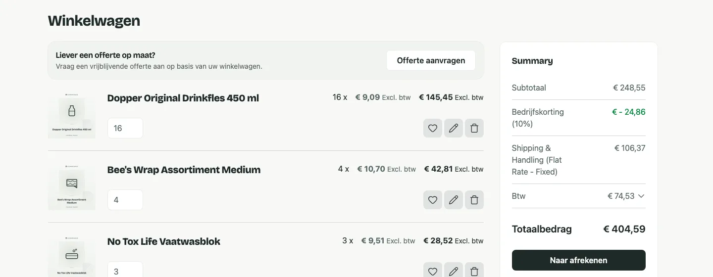 De winkelwagen van de demowinkel met bovenaan een blok Liever een offerte op maat en een knop Offerte aanvragen