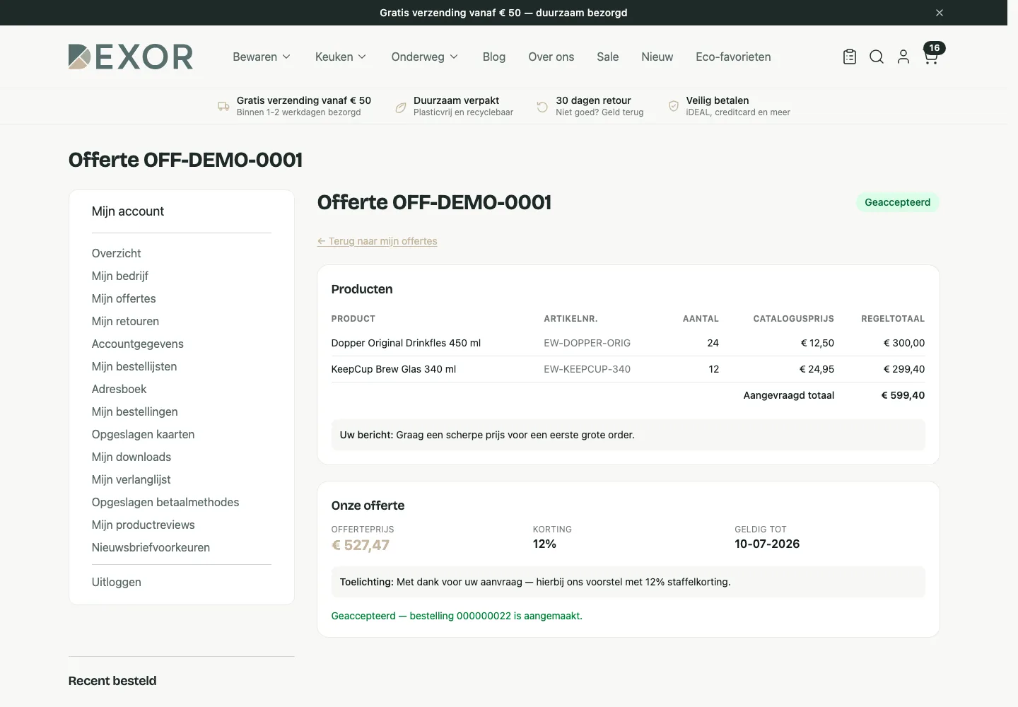 Een offerte in de demowinkel met de aangevraagde regels, het bericht van de klant en daaronder de offerteprijs, het kortingspercentage en de geldigheidsdatum