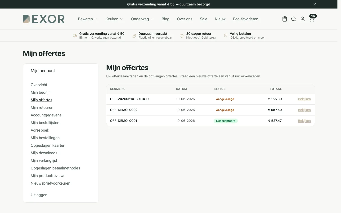De pagina Mijn offertes in het klantaccount met drie offertes en hun status: aangevraagd, aangevraagd en geaccepteerd