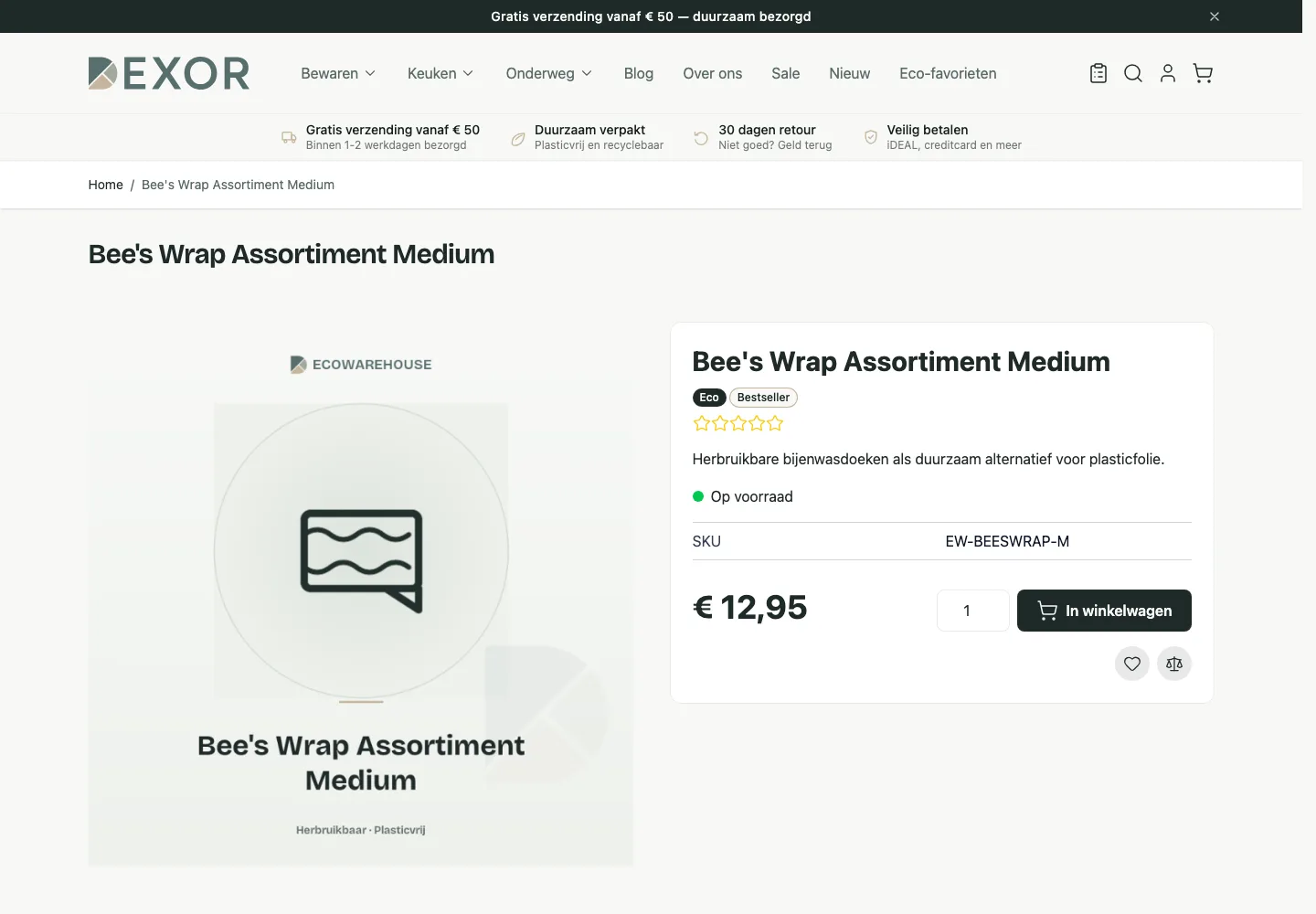 Dezelfde productpagina van de demowinkel zonder login, met de prijs 12,95 euro en zonder staffelblok