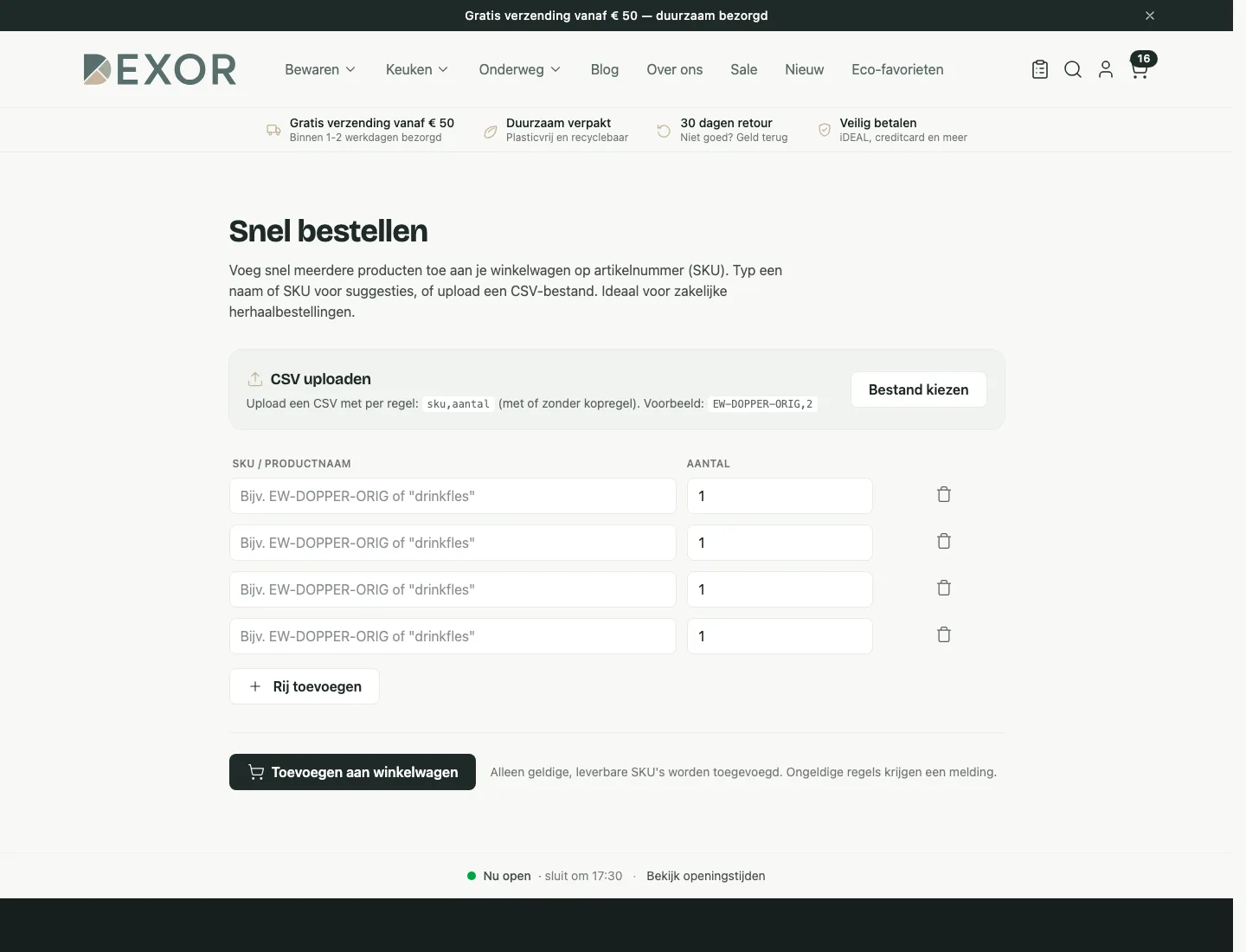 Scherm uit de demowinkel: Bestellen op artikelnummer