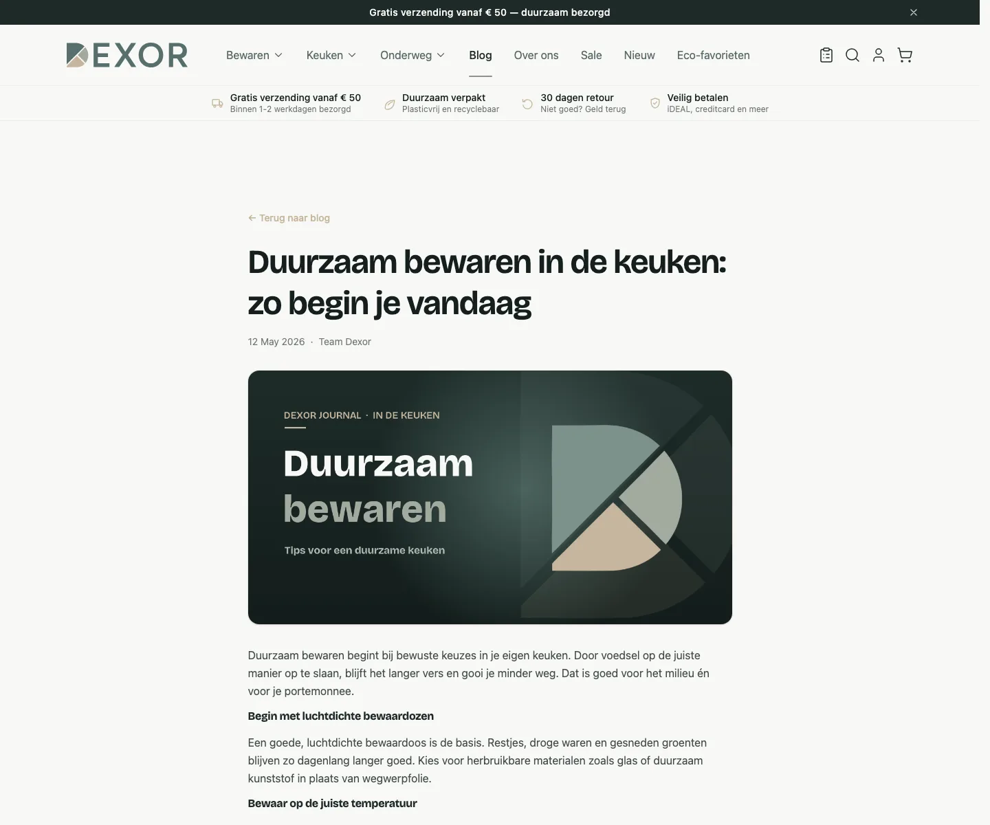 Een artikelpagina van de demowinkel met de titel Duurzaam bewaren in de keuken, de datum, de auteur, een beeld en de eerste alinea's