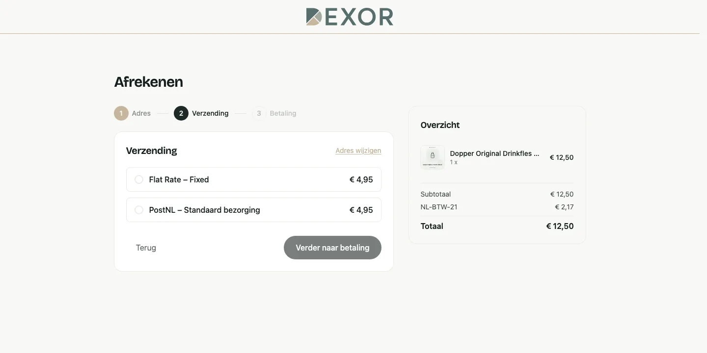 Stap 2 van de checkout: twee verzendopties, Flat Rate en PostNL standaard bezorging, allebei 4,95 euro