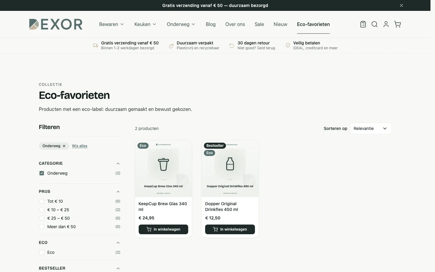 Dezelfde collectiepagina met het filter Onderweg aangevinkt, twee resultaten en een chip met het actieve filter
