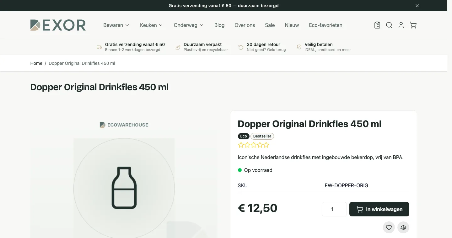 Een productpagina van de demowinkel met de labels Eco en Bestseller onder de productnaam