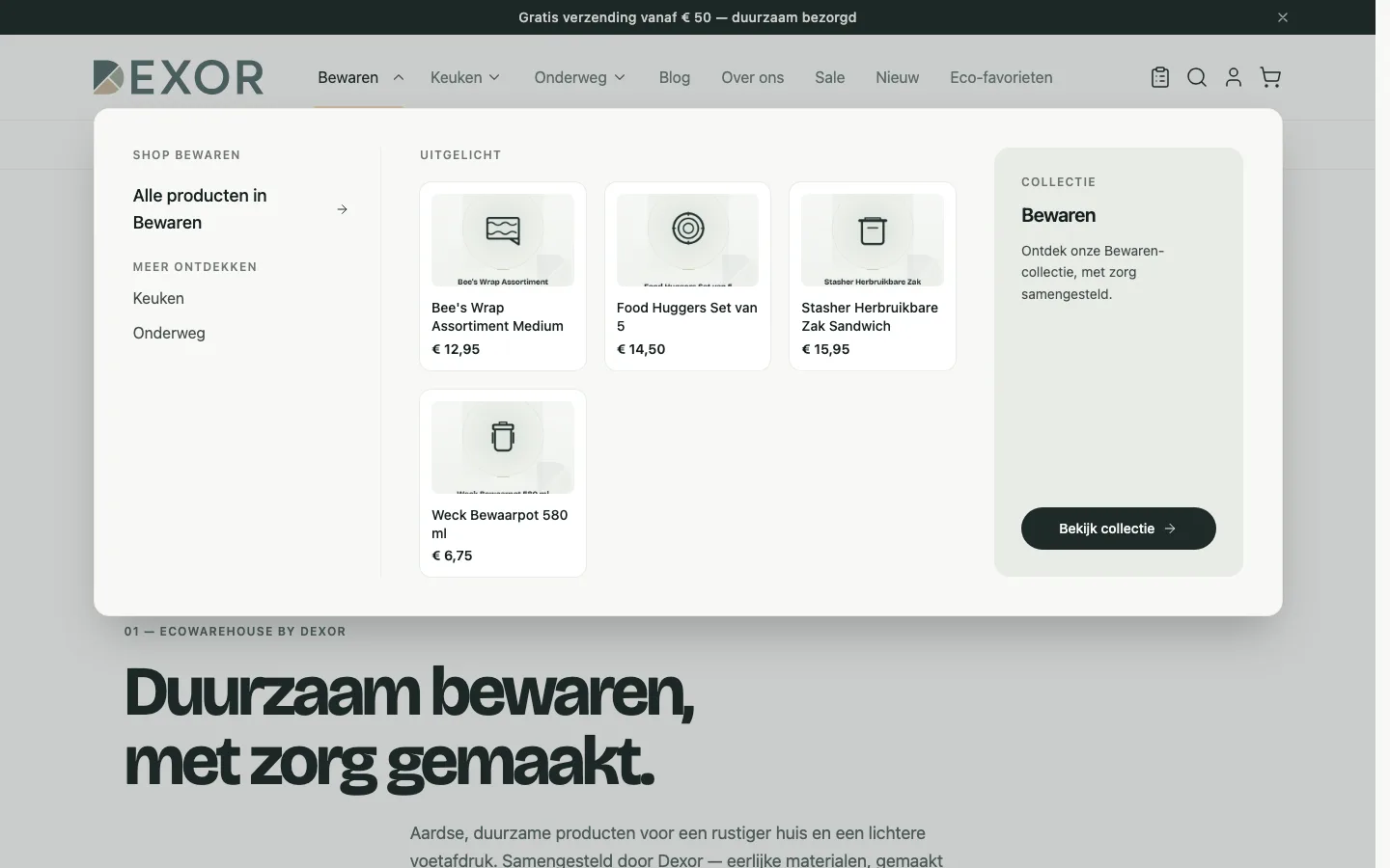 Scherm uit de demowinkel: Megamenu met productteasers