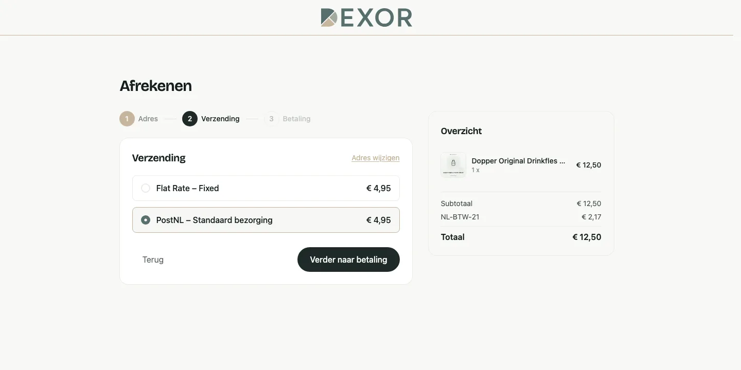 Scherm uit de demowinkel: PostNL in de eigen checkout
