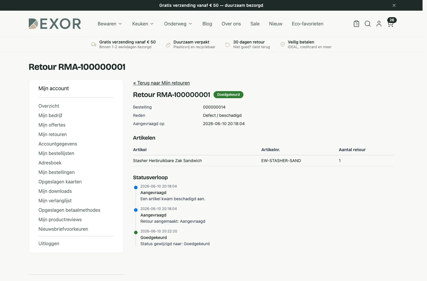 Het detailscherm van retour RMA-100000001 met de status goedgekeurd, de reden defect, het artikel en het statusverloop met drie regels