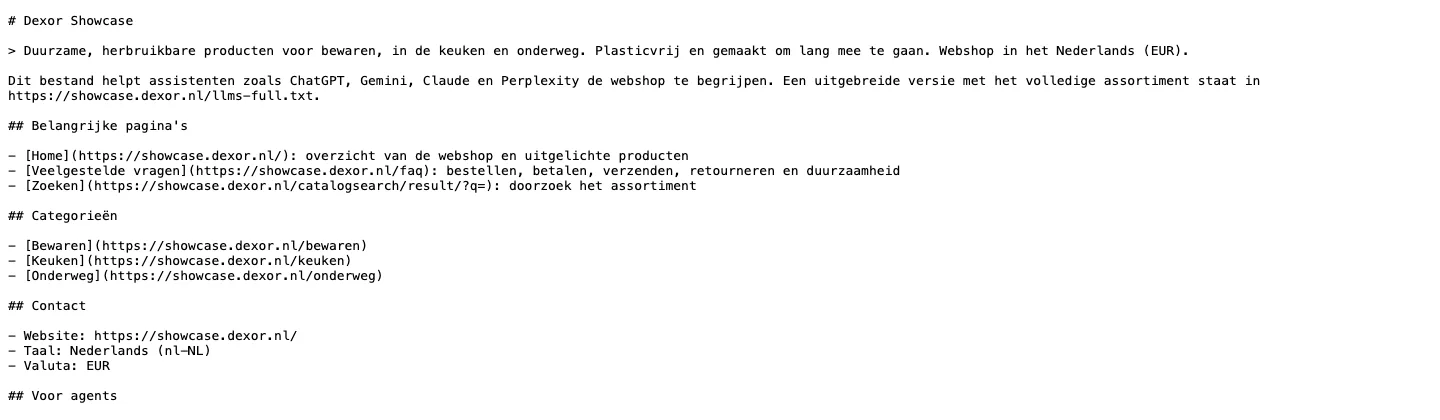 De tekstpagina llms.txt van de demowinkel met een korte omschrijving van de winkel, de belangrijkste pagina's, de categorieën en de contactgegevens