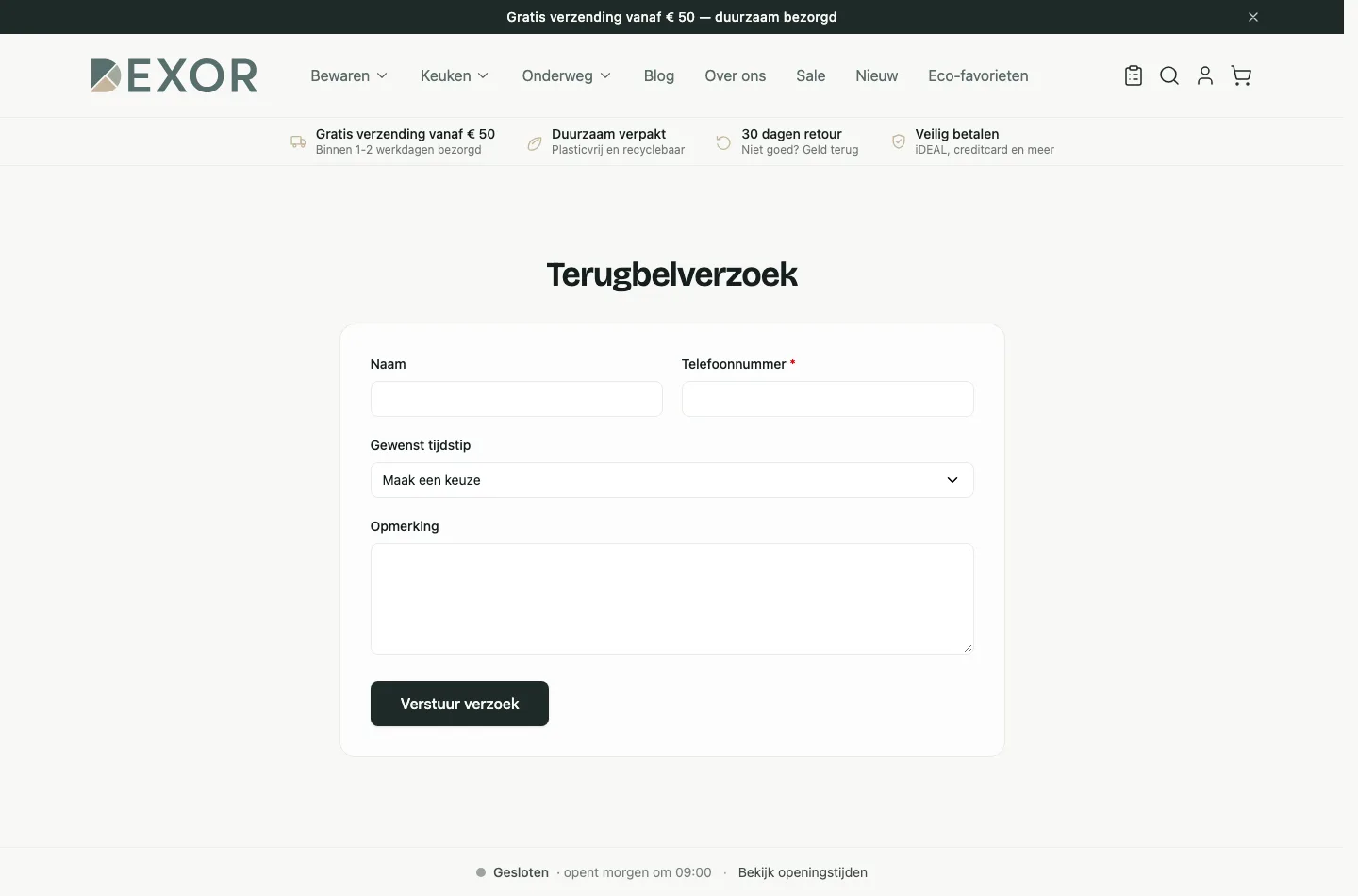 Het terugbelformulier in de demowinkel met naam, telefoonnummer, een keuzelijst voor het gewenste tijdstip en een opmerkingenveld