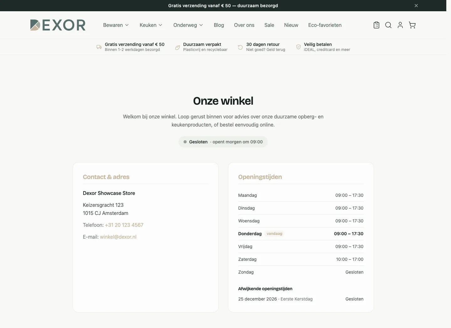 Scherm uit de demowinkel: Openingstijden en winkelinformatie