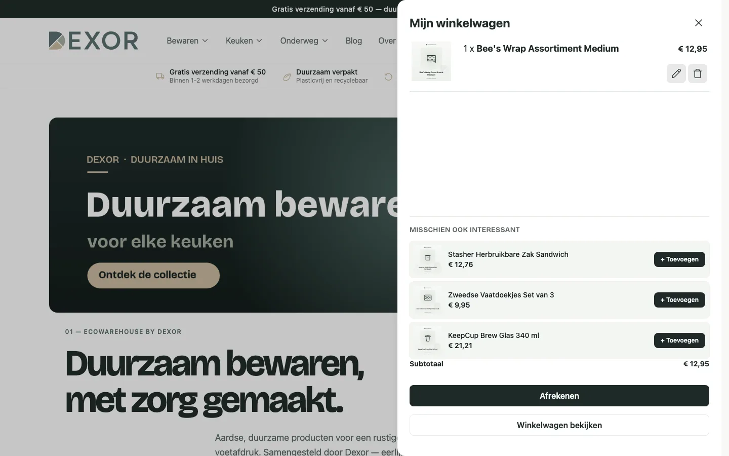 Scherm uit de demowinkel: Suggesties in de winkelwagen