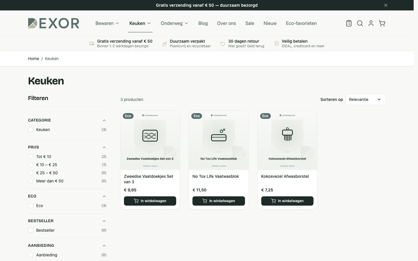 Categoriepagina Keuken van de demowinkel met filters voor categorie, prijs, eco, bestseller en aanbieding